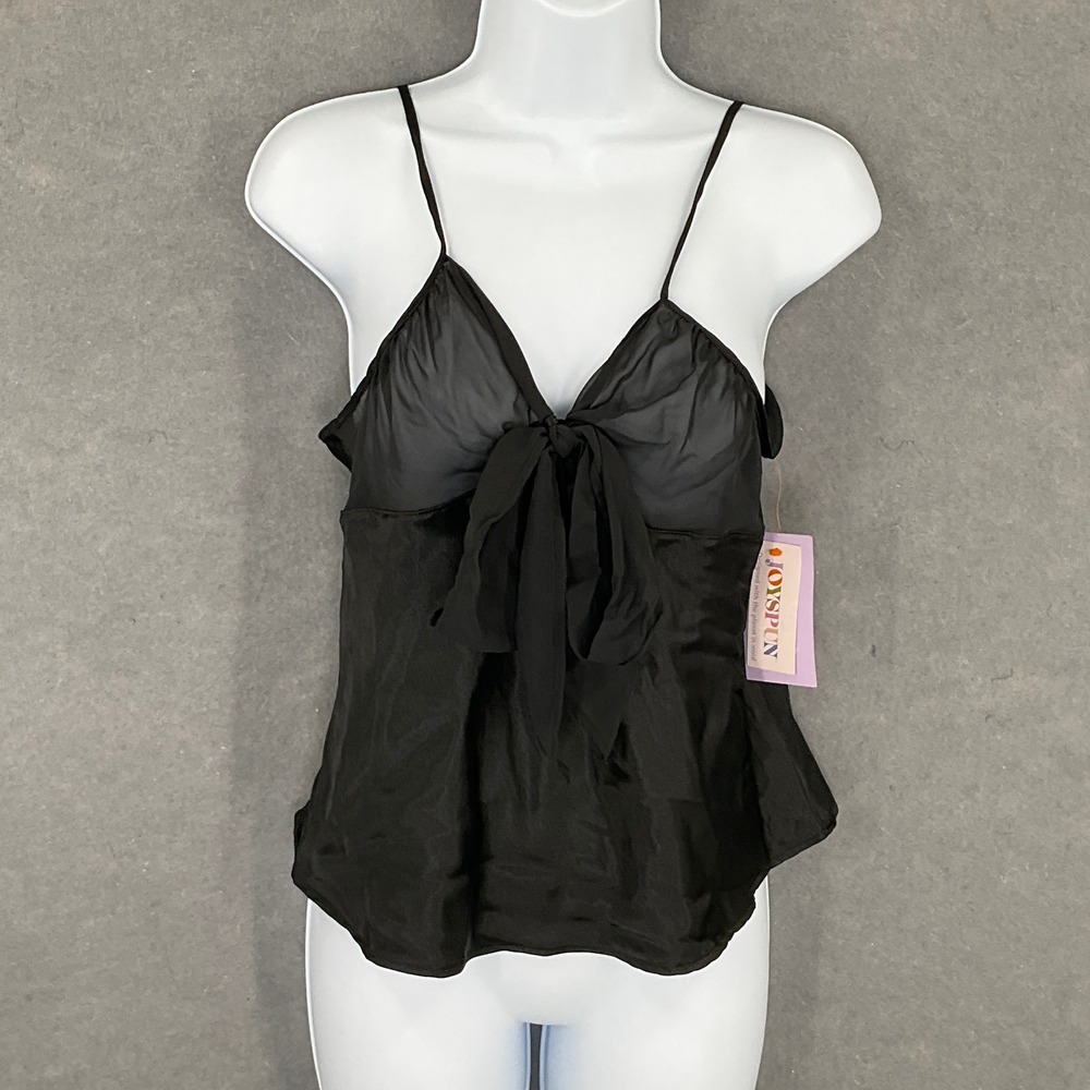 JoySpun Black‎ Cami Top Bow Tie Sheer Lingerie Adjustable Straps Babydoll Sz M